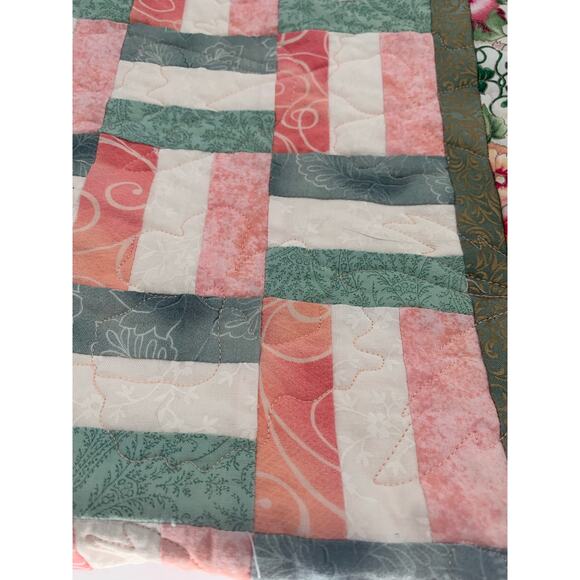 Handmade Quilted Throw Blanket Cotton Peach Color Floral Rail Fence Weave Design - Picture 5 of 14
